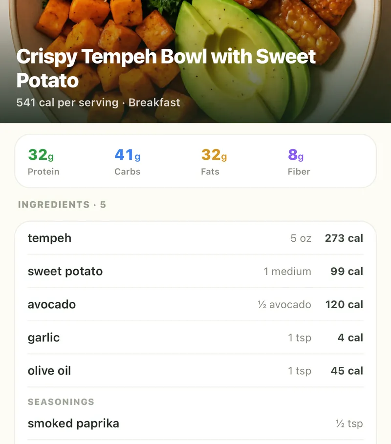 Recipe for a crispy tempeh bowl: 541 calories, macros, and each ingredient with its amount and calories