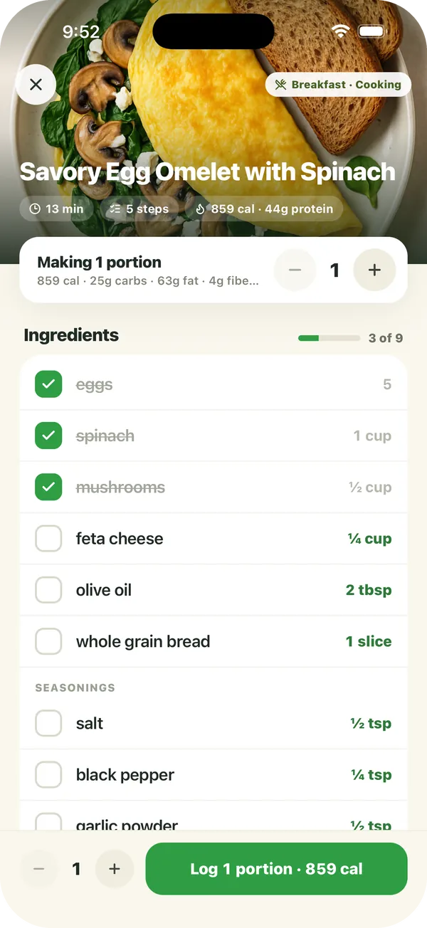 Cooking mode for a savory egg omelet with spinach, with an ingredient checklist and a Log 1 portion button